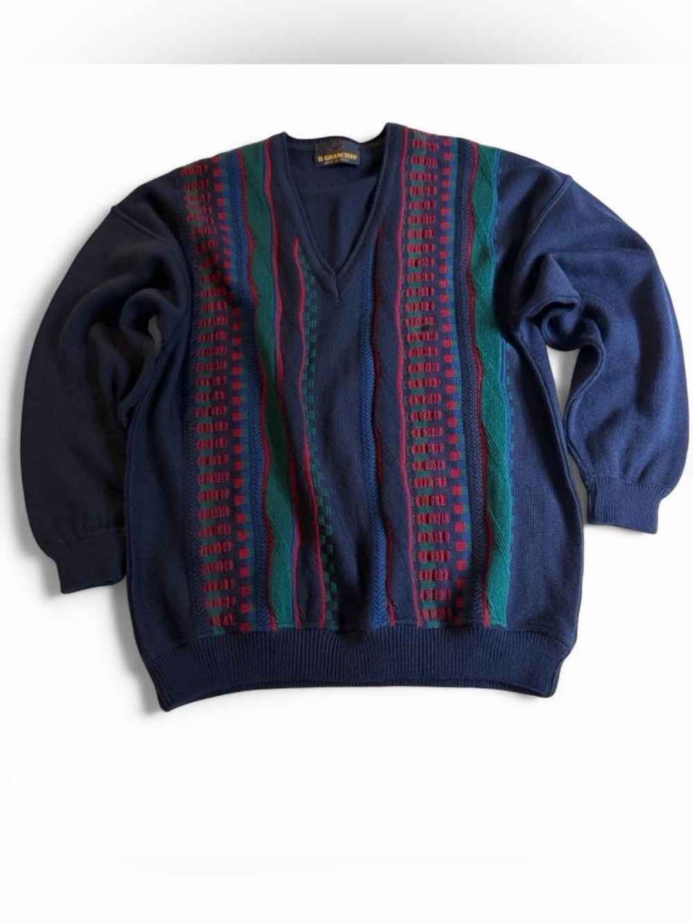 Vintage IL Granchio V-Neck Navy Sweater with Green & Burgundy Stripe Detail